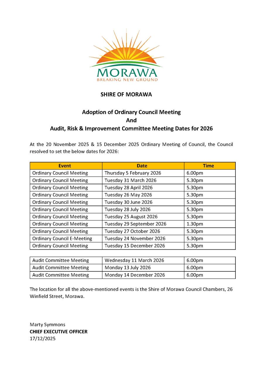 Upcoming Ordinary Council Meeting and Audit, Risk & Improvement Dates for 2026